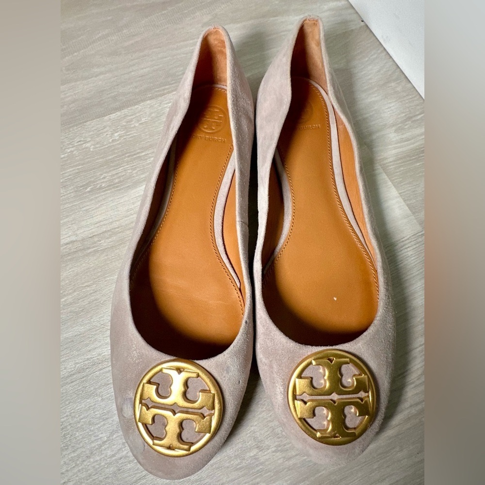 Tory Burch Womens Gray With Gold Emblem Leather Ballet Flats Shoes Sz 9